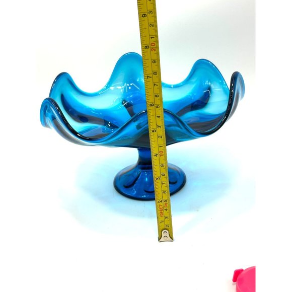 Vintage Bright Blue Compote Dish MCM Viking Art Glass Pedestal Bowl Dish 6 Point - Picture 9 of 10